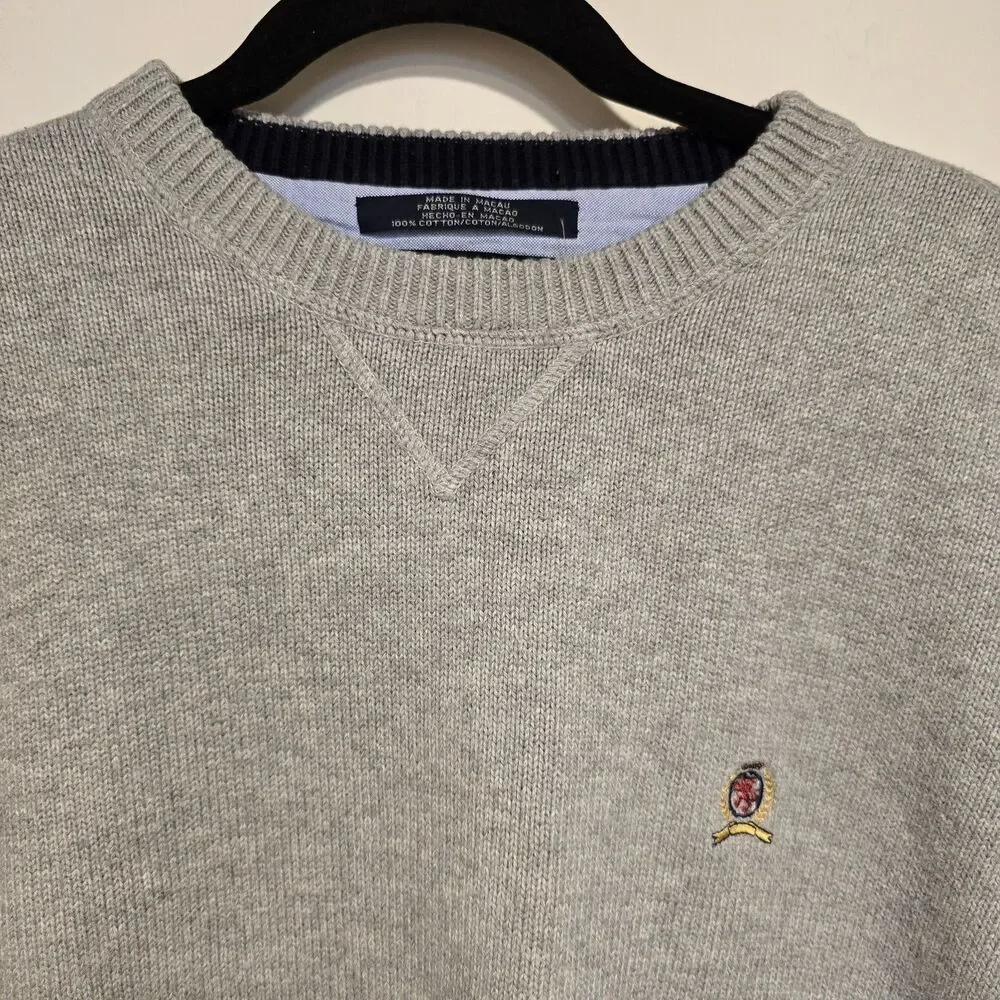 Vintage TOMMY HILFIGER Lion Crest Sweater MENS LARGE GRAY Crew Neck Cotton Prep